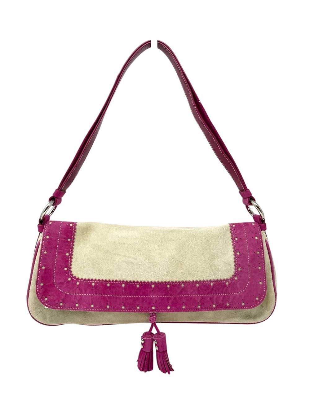 Vintage Burberry Y2K Western Tassel Shoulder Bag Cream Beige Pink Suede Leather